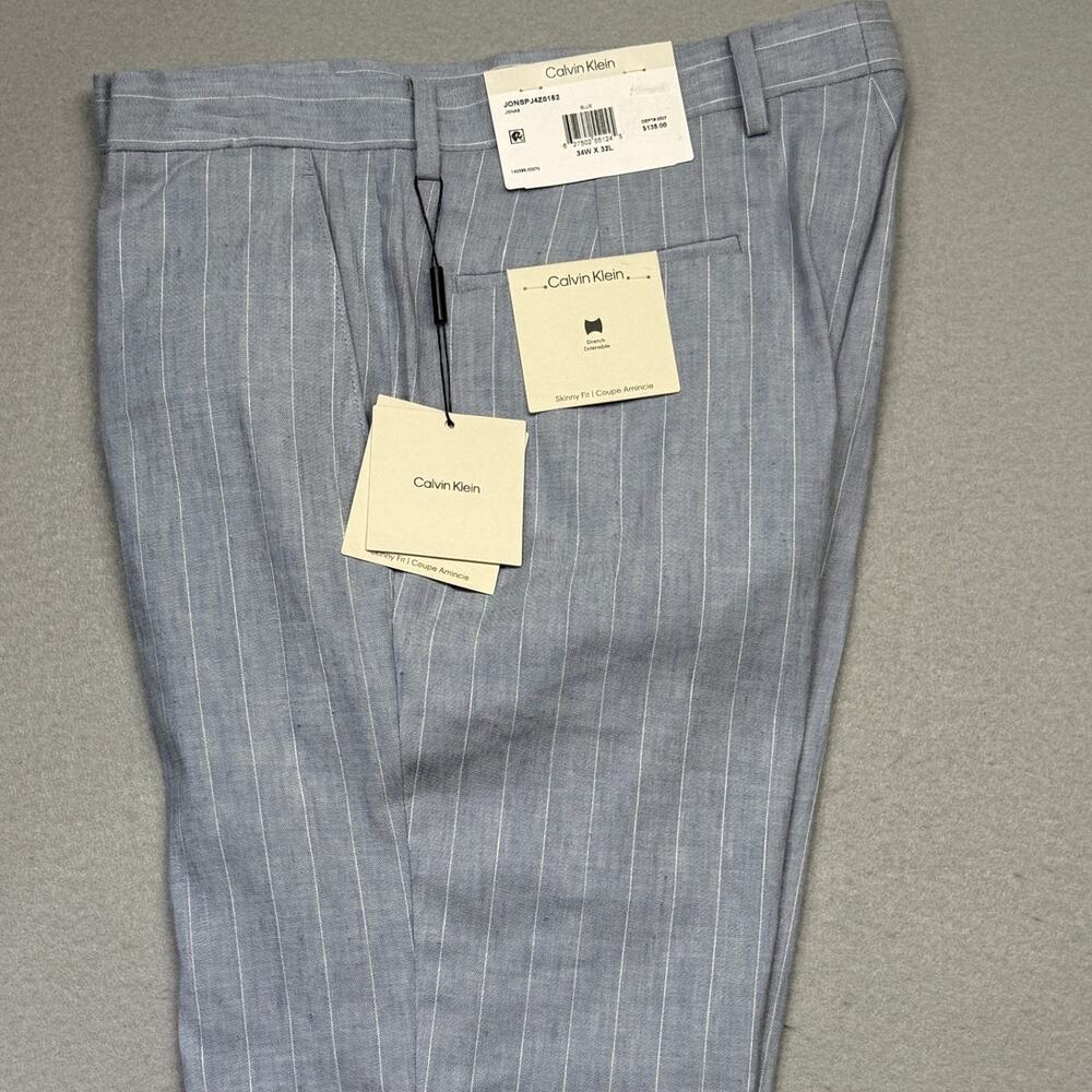 Calvin Klein Men's Slim-Fit Linen Blend Suit Pants Blue/white 34x32 $135